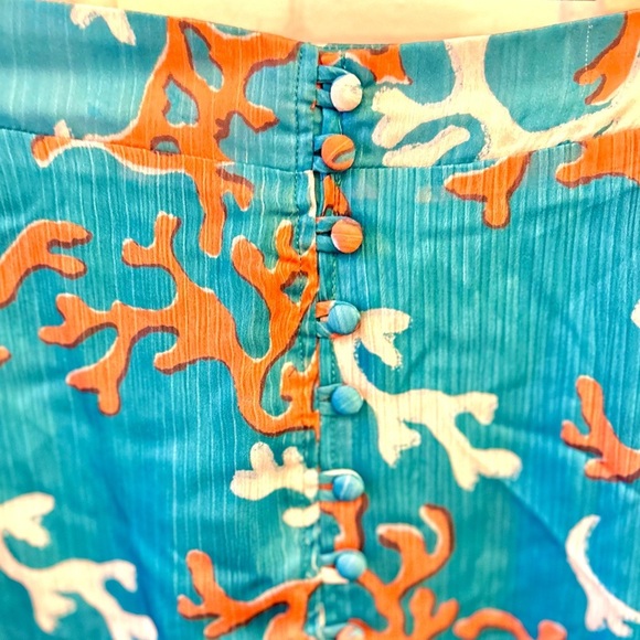 Anthropologie Maeve A-Line Button Front Midi Skirt Size 2 Coral Print Aqua - Picture 7 of 11
